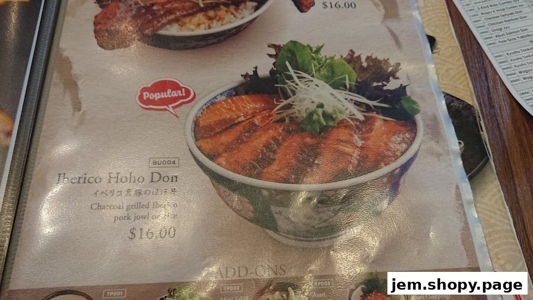A menu page featuring a popular Iberico Hoho Don dish with charcoal-grilled pork jowl.