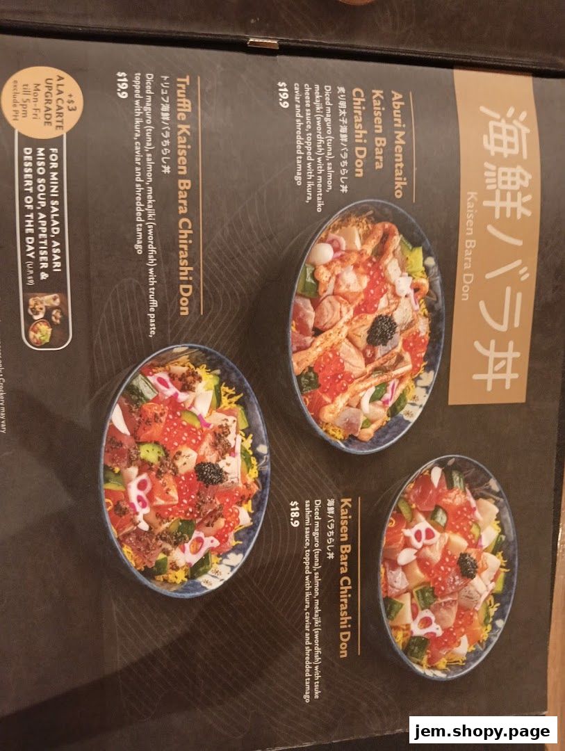A menu showcasing various Chirashi Don dishes with fresh seafood and toppings.