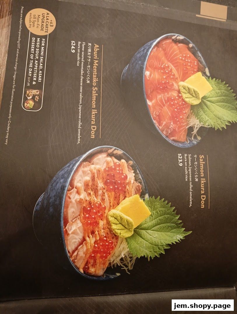 A menu page showcasing two salmon and ikura don dishes with prices.