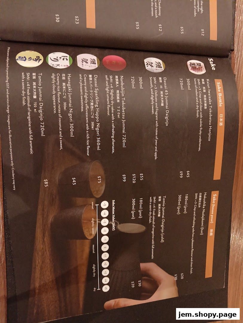A menu page showcasing various sake bottles and house pours with descriptions and prices.