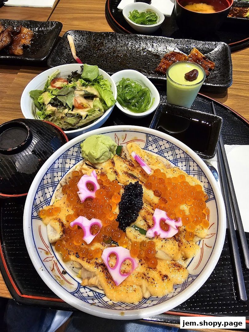 A close-up of a delicious Japanese rice bowl dish with salmon roe and other toppings.