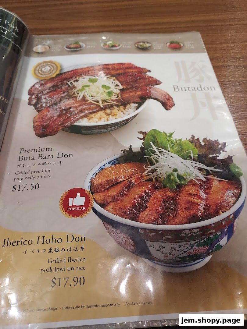 A menu page showcasing two popular pork rice bowls with appetizing images and descriptions.