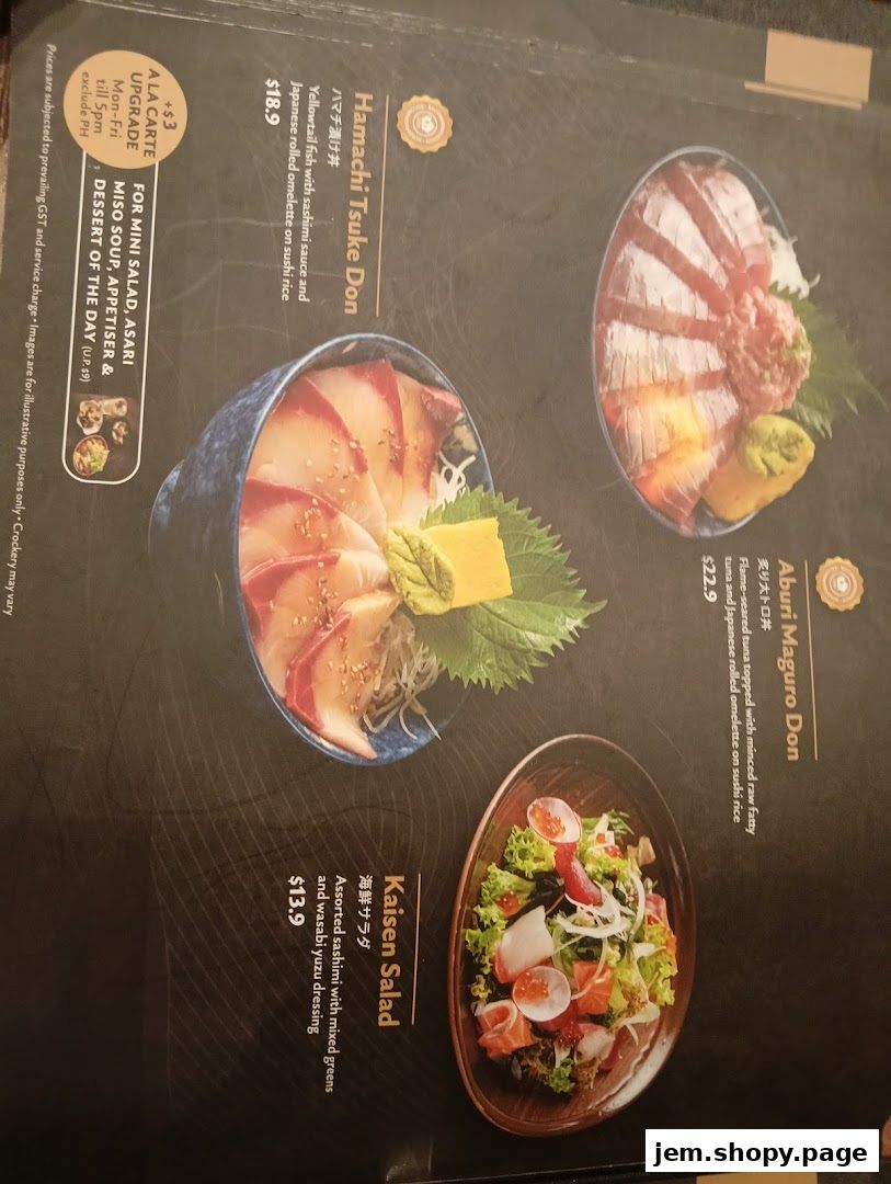 A menu showcasing Japanese rice bowls and a salad with prices and descriptions.