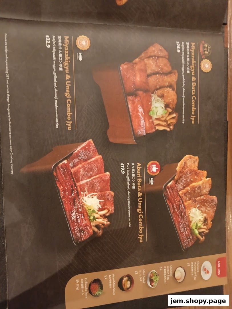 A menu showcasing Japanese rice bowls with beef, pork, and eel.