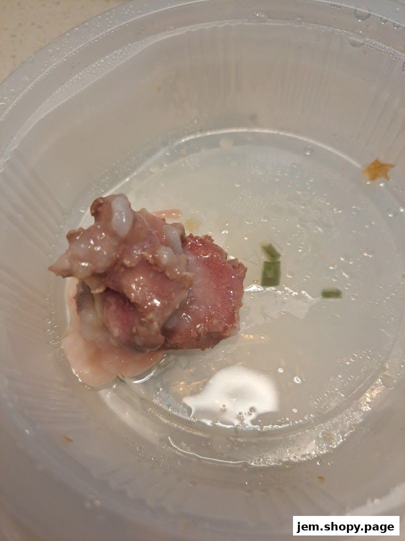 A close-up of a portion of meat and broth in a clear plastic container.