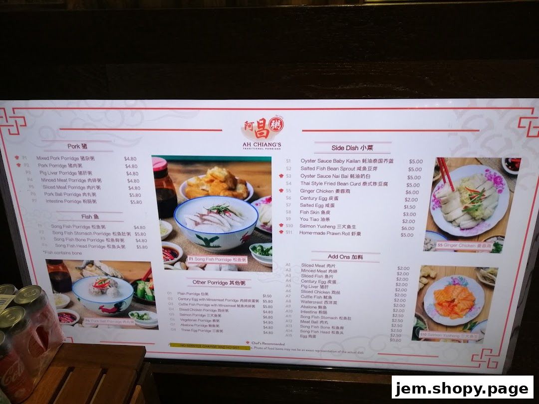 A menu for Ah Chiang's Traditional Porridge featuring various porridge, side dishes, and add-ons.