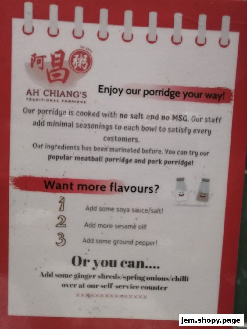 A menu board for Ah Chiang's Traditional Porridge, detailing customization options.
