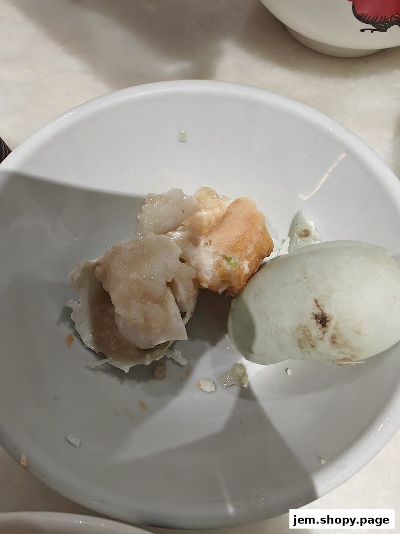 A close-up of a bowl of porridge with ingredients and a salted egg.