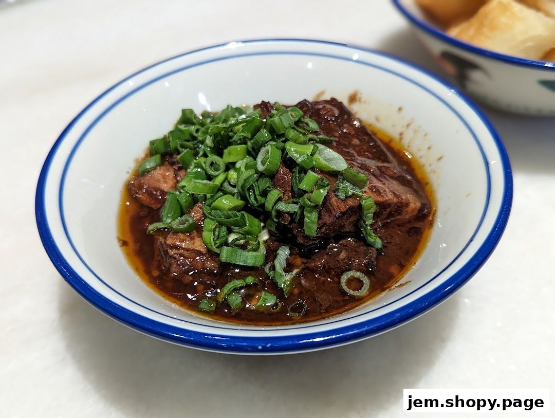 A close-up of a bowl of braised meat topped with chopped green onions.