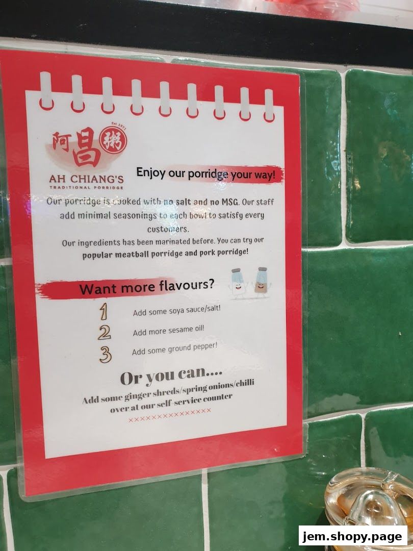 A sign detailing how to customize porridge with additional flavors and toppings.
