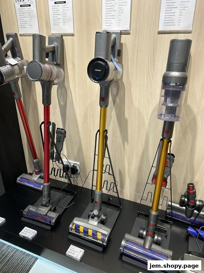 A display of Airbot cordless vacuum cleaners with product specifications shown on the wall.