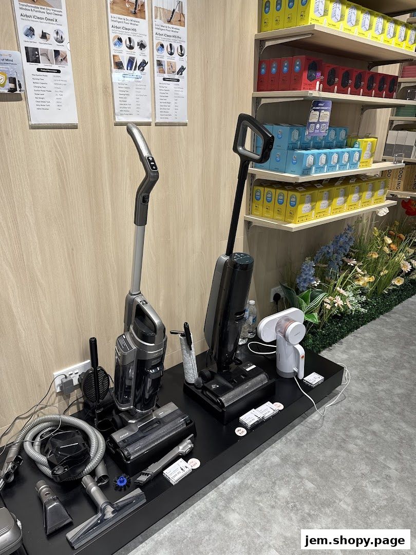 Display of Airbot cleaning appliances, including vacuum cleaners and floor washers.