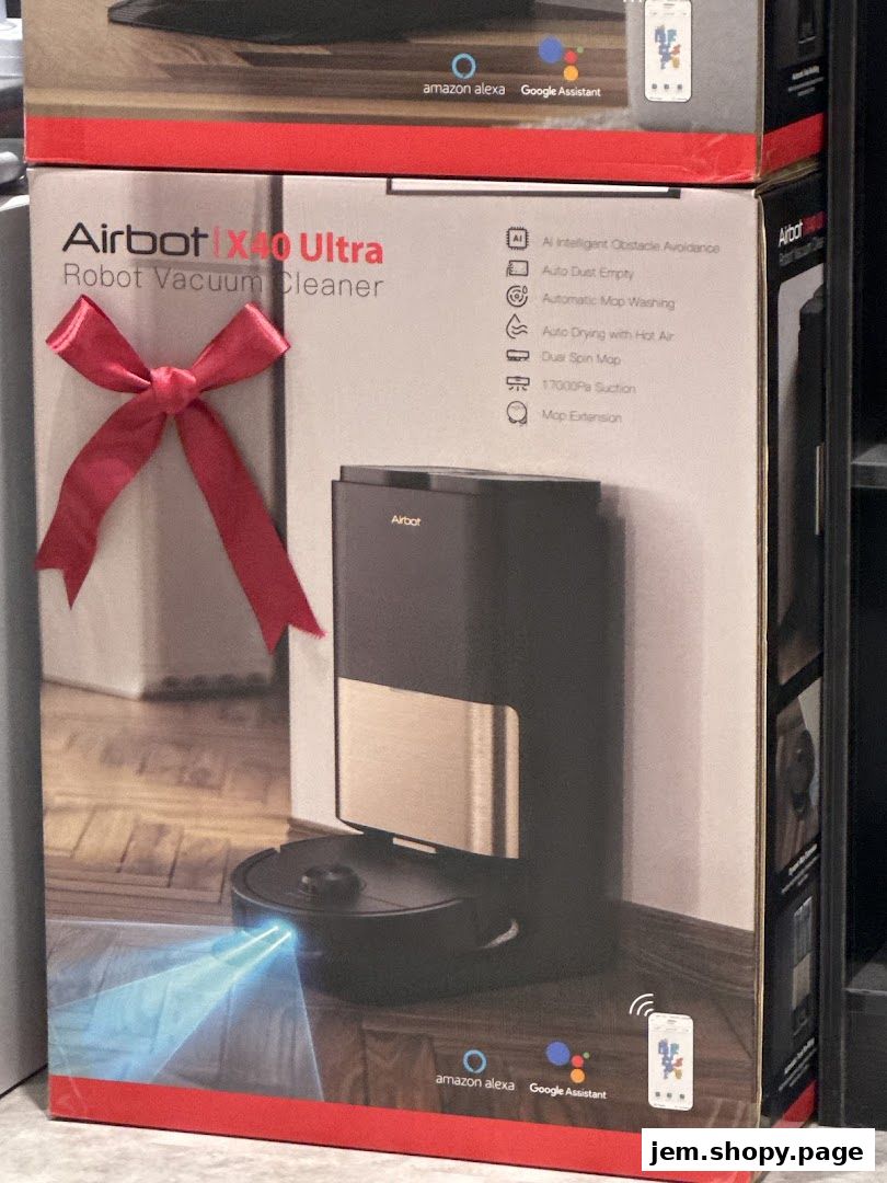 Box of an Airbot X10 Ultra robot vacuum cleaner with a red ribbon.