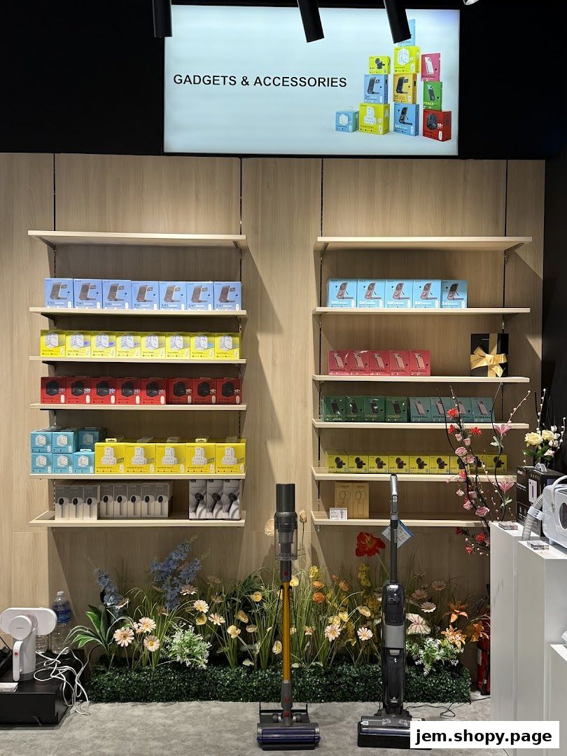 Shop interior displaying shelves of gadgets and accessories, with vacuum cleaners and floral decor.