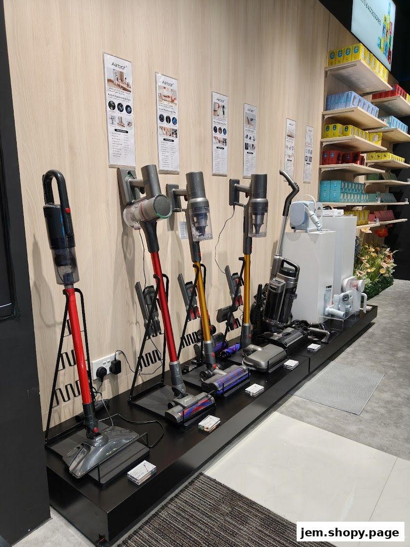 Display of various Airbot vacuum cleaners and accessories on shelves and stands.