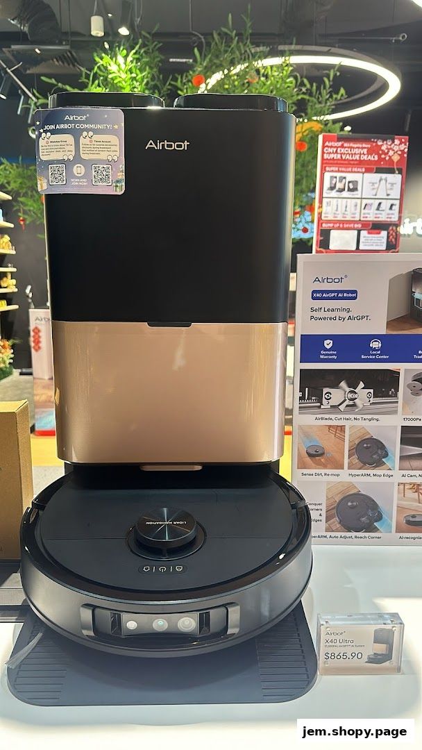A modern Airbot X40 AI robot vacuum cleaner is displayed with promotional materials.