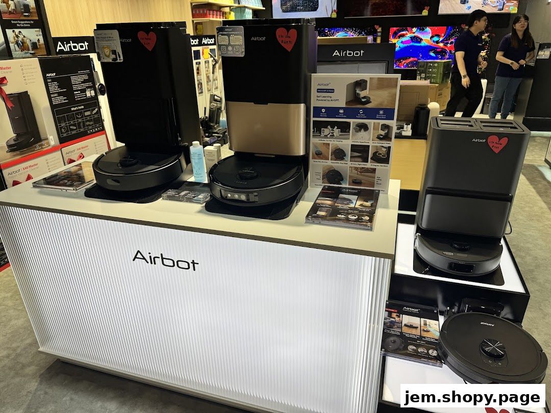 Airbot robotic vacuum cleaners displayed on a white counter with product information.