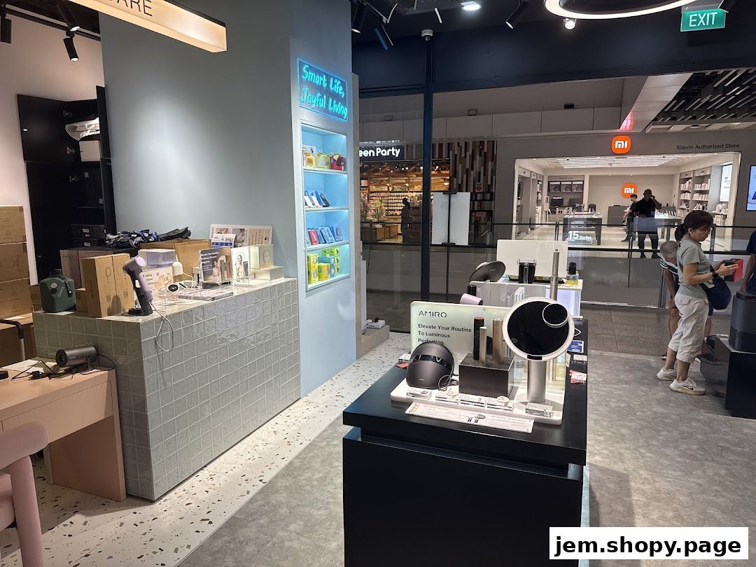 Interior view of a modern retail store showcasing smart home and personal care products.