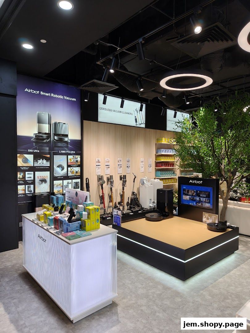 Interior view of an Airbot store showcasing robotic vacuums and cleaning accessories.