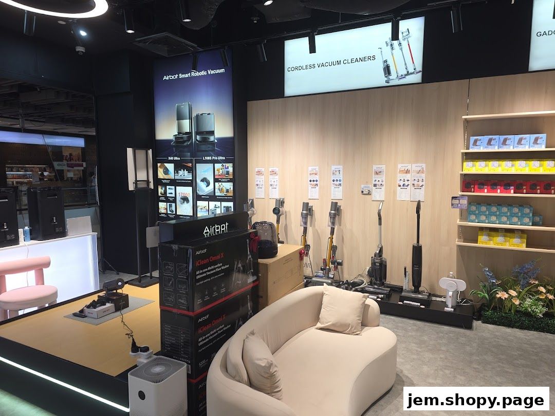 Interior of an Airbot store showcasing robotic vacuums and cordless vacuum cleaners.