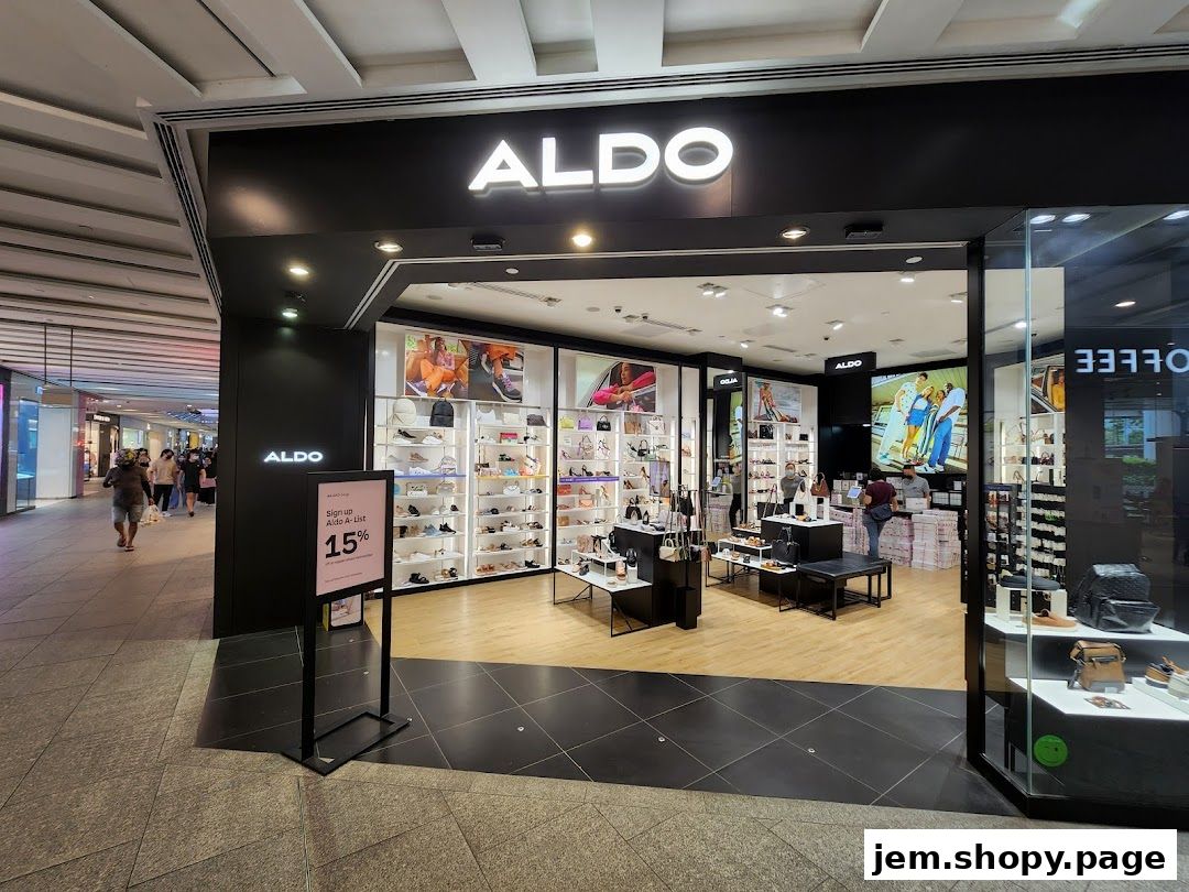 The ALDO Jem shoe store entrance displays a variety of footwear and accessories.