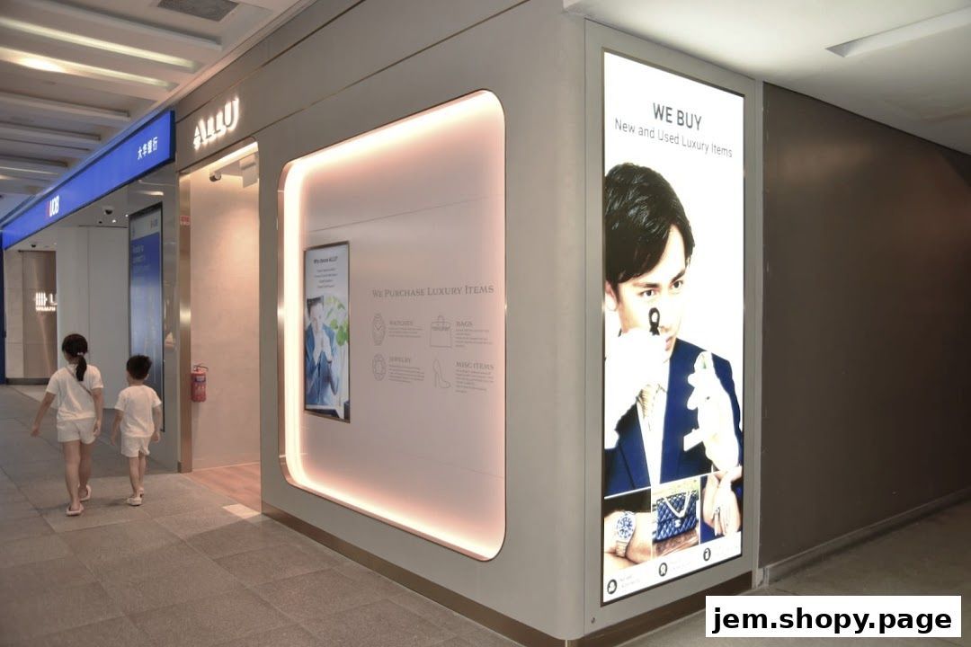 The exterior of the ALLU Singapore shop, showcasing its services for purchasing luxury items.
