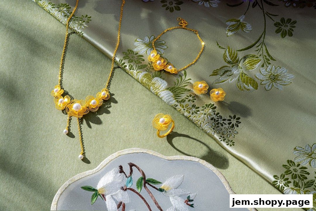 A collection of exquisite gold jewelry with pearls, including a necklace, bracelet, earrings, and ring.