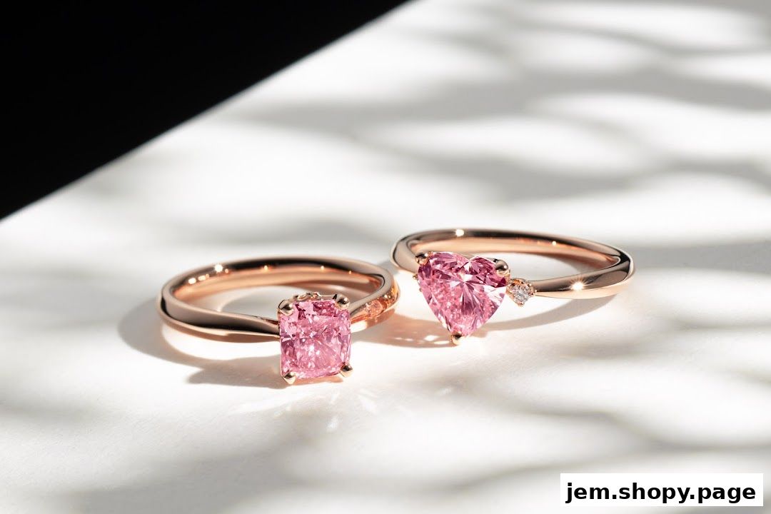 Two elegant rose gold rings with pink diamonds, one cushion cut and one heart cut.