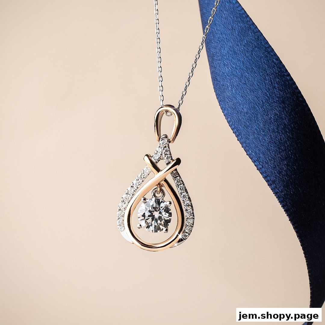 A diamond pendant necklace with rose gold and silver accents, displayed with a blue ribbon.