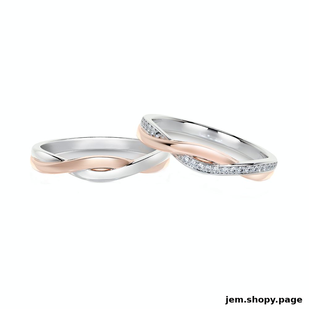 Two intertwined wedding bands, one with diamonds, in white and rose gold.