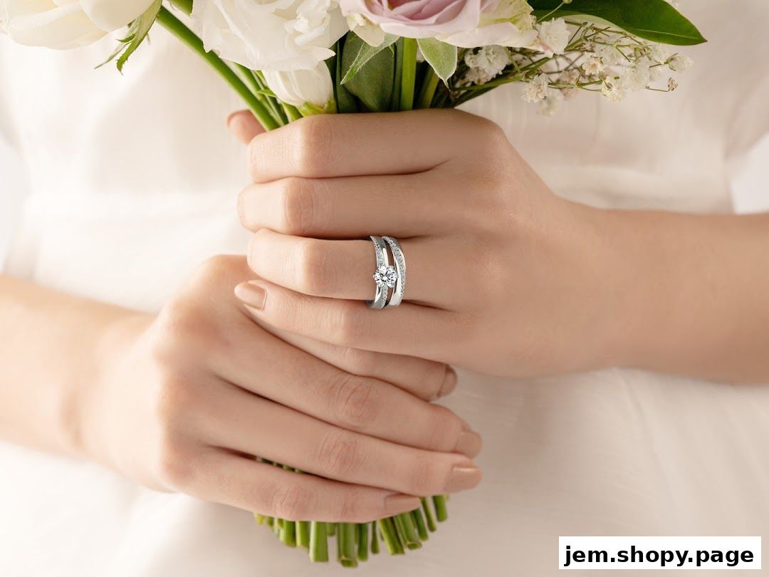 Hands wearing a diamond engagement ring and wedding band, holding a bouquet of flowers.