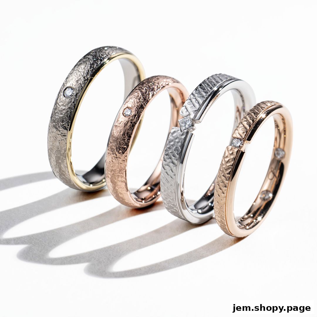 Four textured rings with diamonds, displayed on a white surface with shadows.