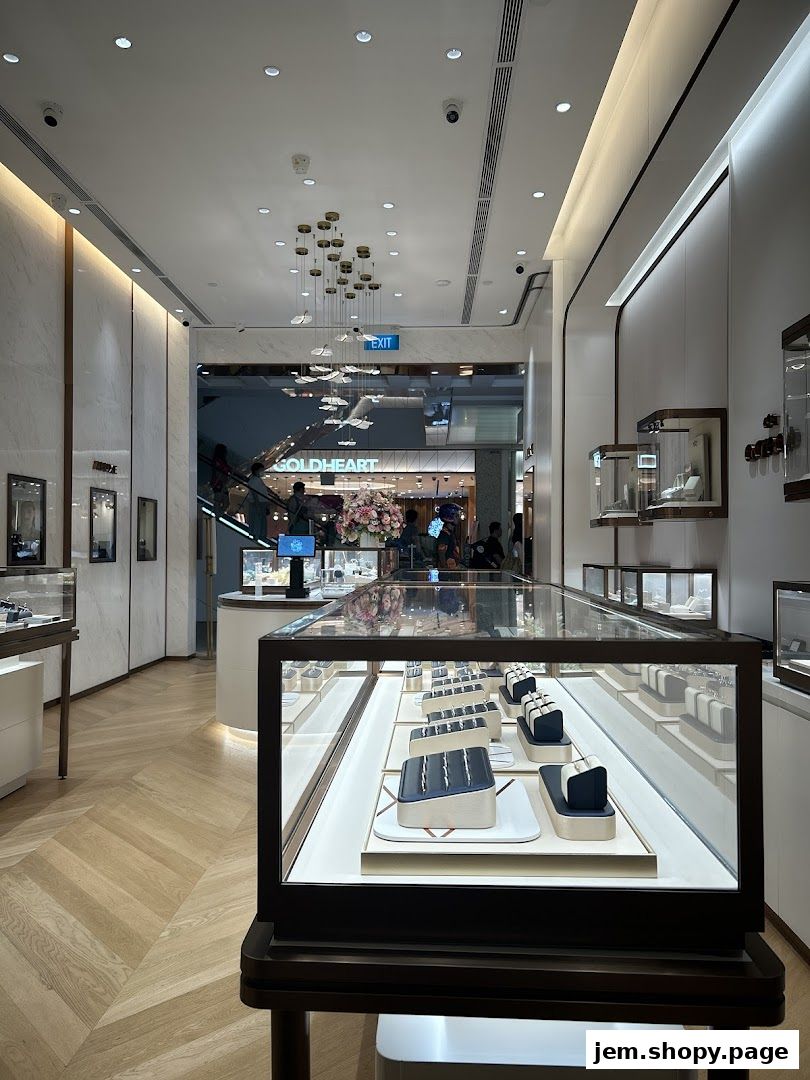 Interior view of a modern jewelry store with display cases filled with rings.