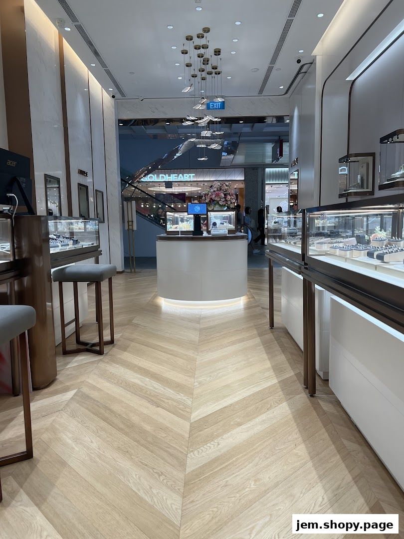 Interior view of a modern jewelry store with display cases and a reception desk.