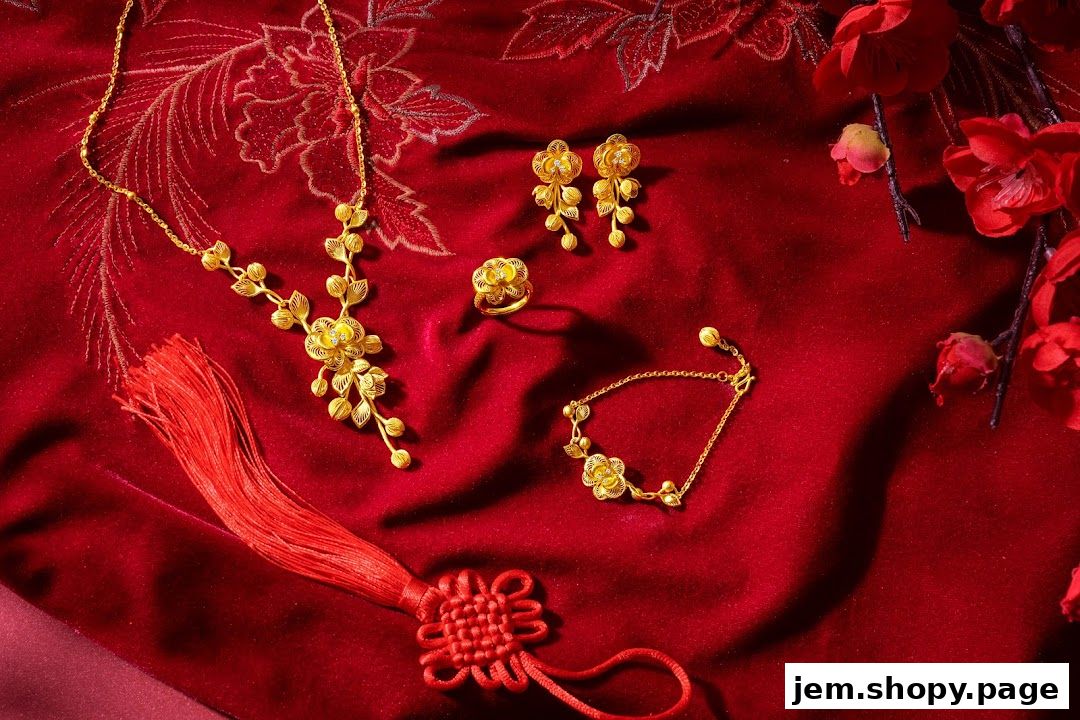 A collection of exquisite gold jewelry, including a necklace, earrings, ring, and bracelet, displayed on a red velvet cloth.