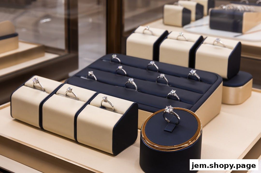A display of diamond engagement rings and wedding bands in a jewelry store.