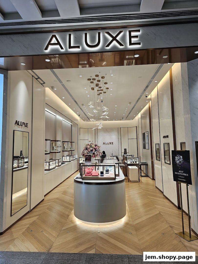Interior view of ALUXE JEM, a jewelry store showcasing diamond engagement rings and wedding bands.
