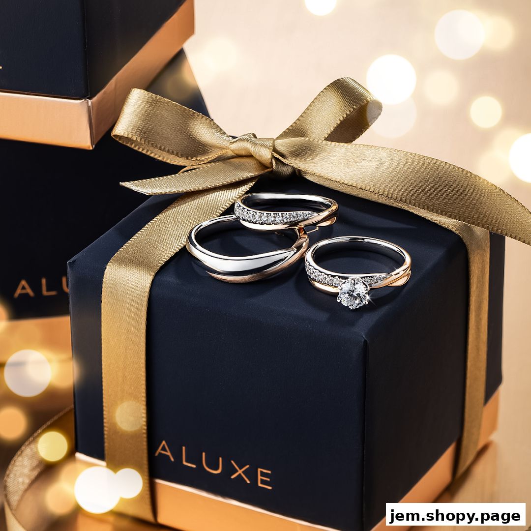 Elegant diamond rings displayed on a gift box with a golden ribbon.