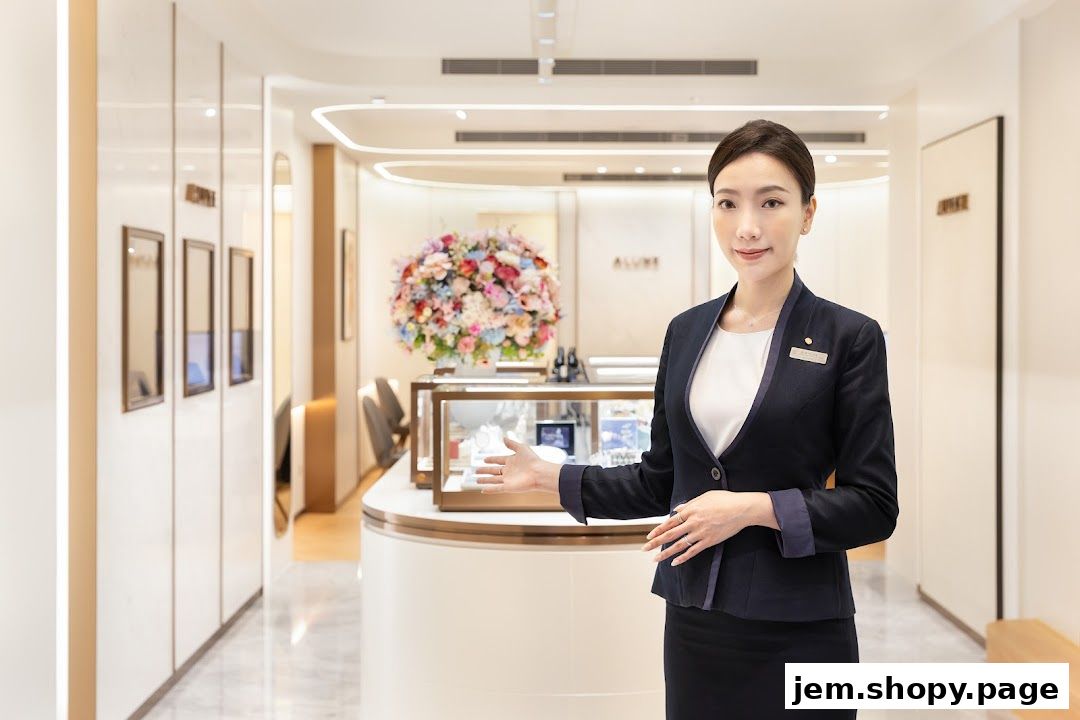 A friendly sales associate welcomes customers into a luxurious jewelry store.