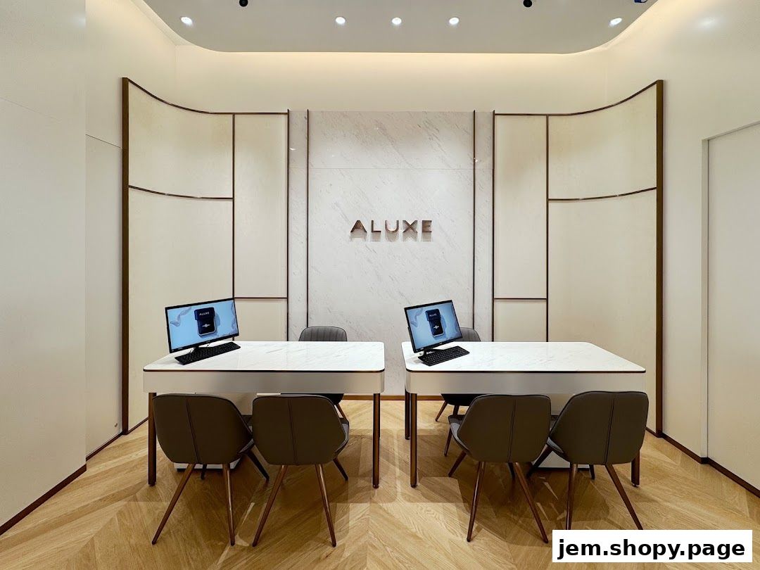 Interior of a modern jewelry store with two consultation desks and computers.
