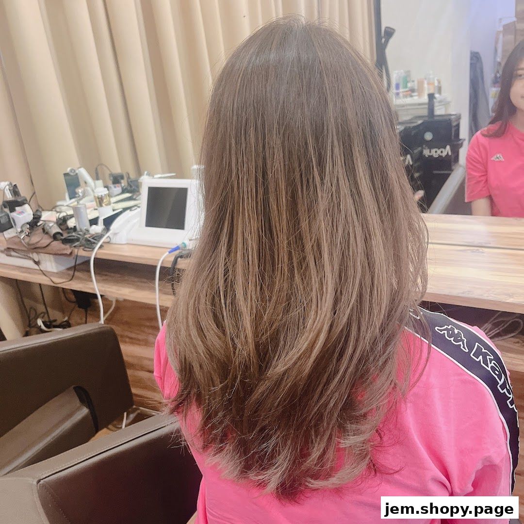 A person with long, layered brown hair sits in a salon chair, facing away from the camera.