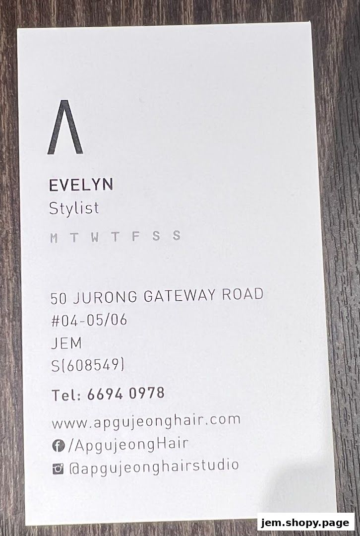 A business card for Evelyn, a stylist at Apgujeong Hair Studio JEM.