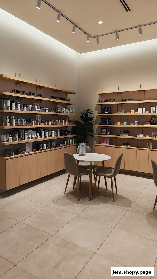 Interior of a clean, modern beauty store with shelves stocked with skincare products.