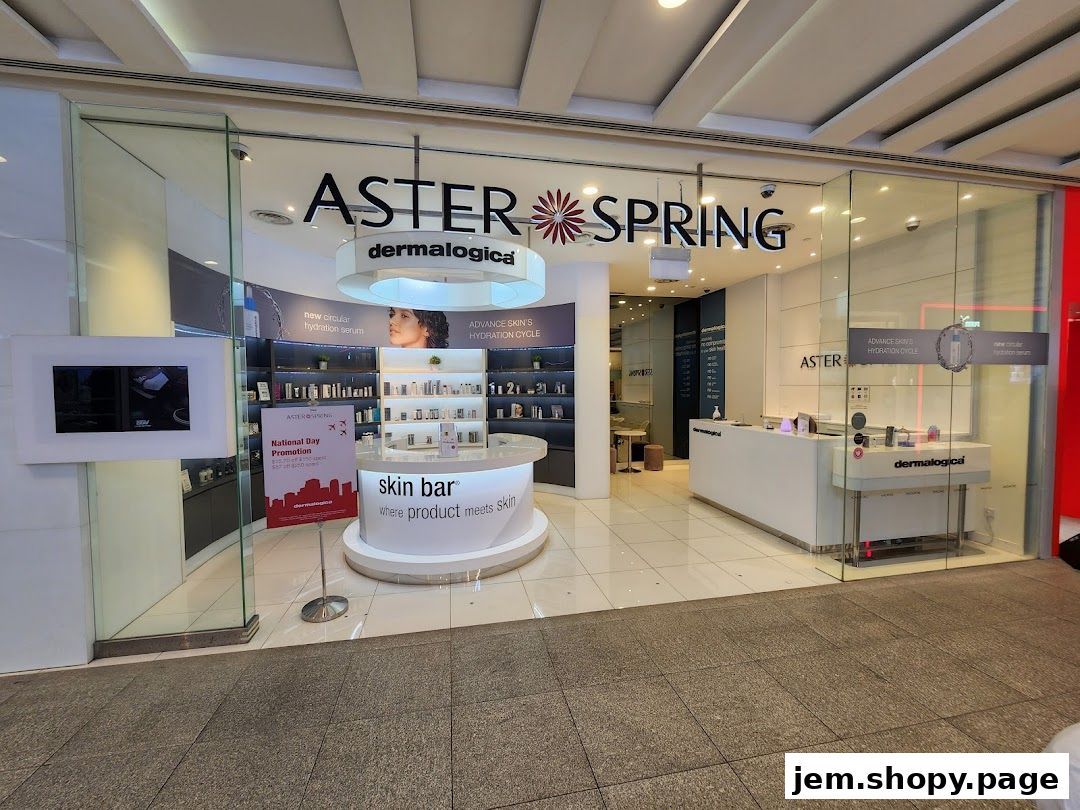 The entrance of Aster Spring, a skincare clinic, featuring products and a 'skin bar'.