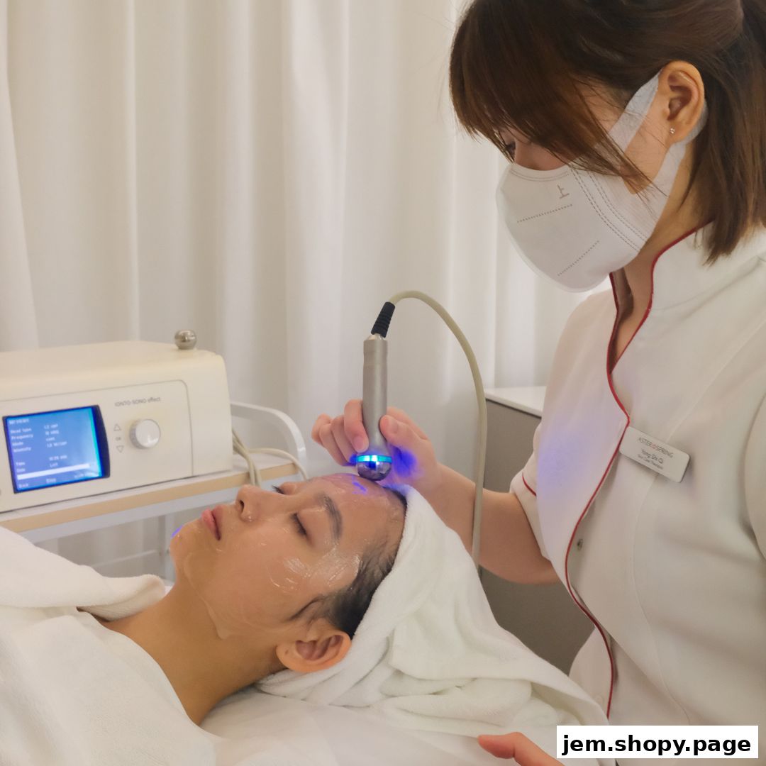 A beautician performs a facial treatment using a device on a client's face.