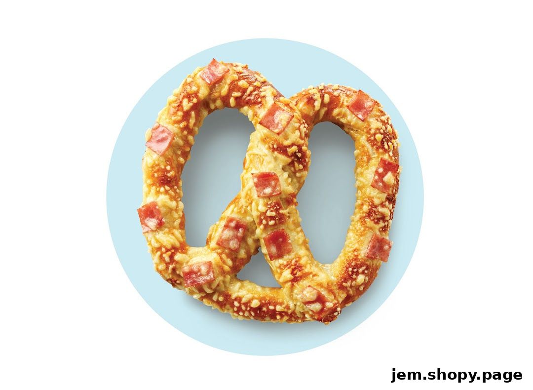 A close-up of a savory pretzel topped with cheese and diced meat.