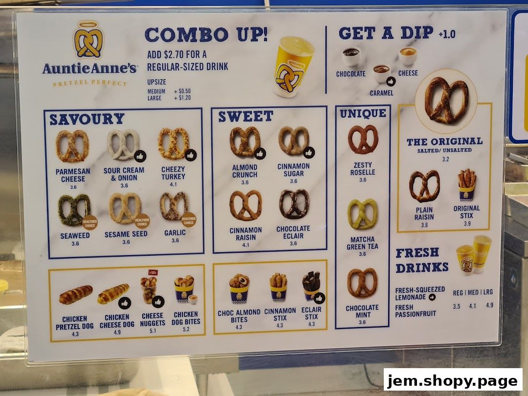 Auntie Anne's menu featuring pretzels, stix, bites, and drinks with prices.
