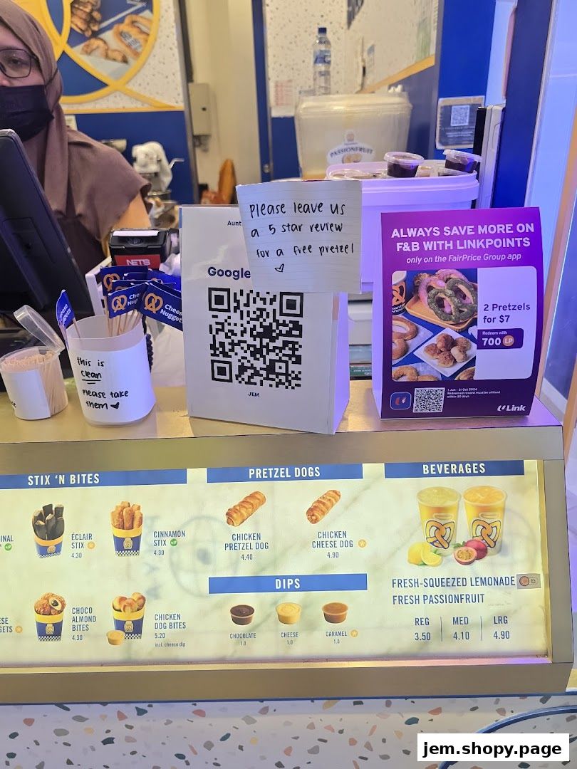 Auntie Anne's menu board displaying pretzels, pretzel dogs, dips, and beverages with prices.