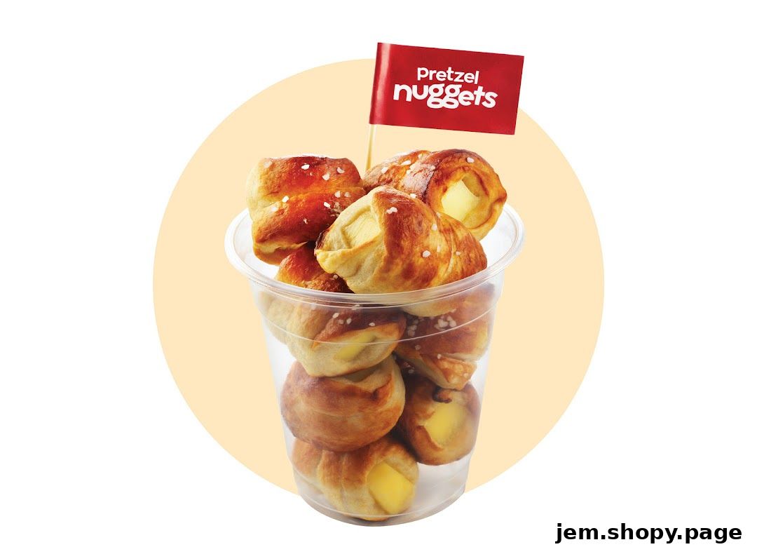 A clear cup filled with golden-brown pretzel nuggets topped with a red flag.