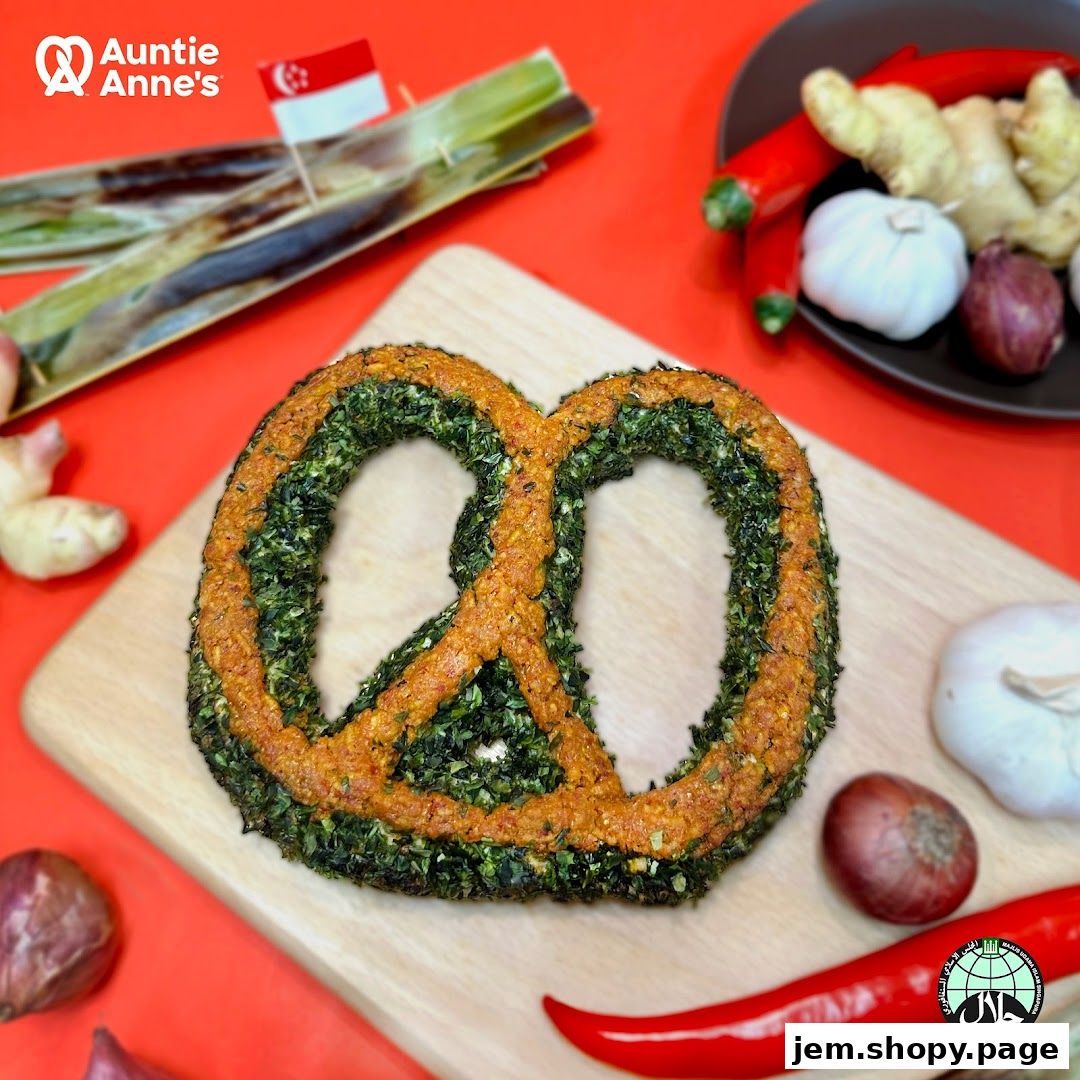 A pretzel with green herbs and orange filling, surrounded by spices and a Singapore flag.